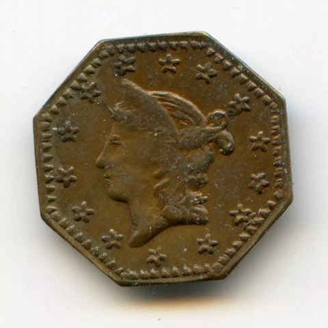 1857 Octagonal Liberty, California Gold, Wreath Type, Toned Cover