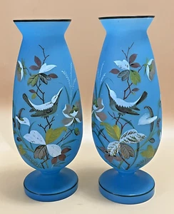 Antique Victorian Blue Bristol Glass Vases with Left and Right Enameled Birds - Picture 1 of 16