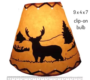 Rustic Lamp Shade Wildlife Wilderness Deer Scene Rawhide Lacing Clips On Bulb - Picture 1 of 3