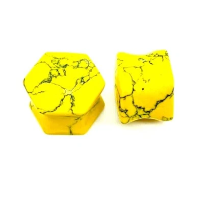 Yellow Turquoise Hexagon Ear Plugs, Double Flare, Handmade PAIR  Size 3mm to 50 - Image 1 of 4