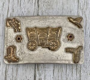 Vintage Metal Silver and Brass Western Belt Buckle -  Covered Wagon, Wild West