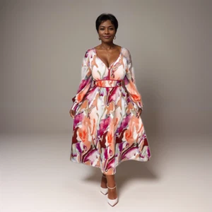 V-Neck Orange-Red Print Midi Dress - Picture 1 of 5