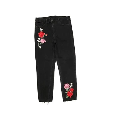 Divided H&M Straight Leg Raw Hem Women's size 14 Embroidered Flowers Black jeans - Image 1 of 4