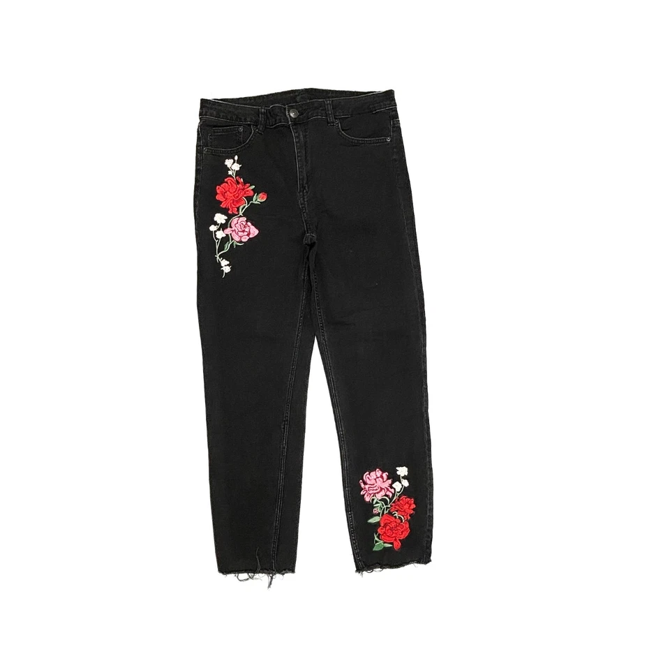 Divided H&M Straight Leg Raw Hem Women's size 14 Embroidered Flowers Black jeans - Image 1 of 4
