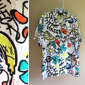 No Boundaries Shirt Mens XL 46 48 Rayon Graffiti Print Button Up S/S Streetwear - Picture 1 of 6