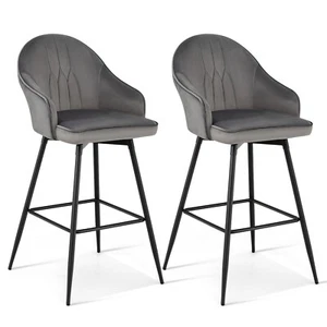 Set of 2 Velvet Bar Stools Swivel Pub Height Dining Chairs w/ Metal Legs Gray - Picture 1 of 10