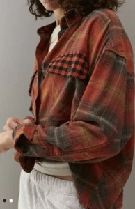 BDG Boxy Cropped Flannel Shirt Urban Outfitters Fall Colors Raw Hem Bombfire S - Picture 1 of 11