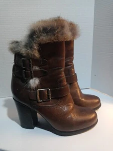 Frye Penny Luxe Moto Leather & Real Fur Boots Wmn's Size 8M in Dk Gray (Brown) - Picture 1 of 10