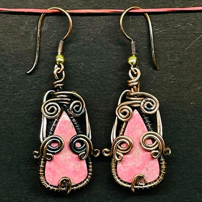 Pendientes artesanales envueltos en alambre de cobre con piedras preciosas de rodonita natural 41x19 mm Foto 1 de 4