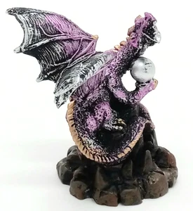 Roaring Medieval Purple Mini Dragon Figurine Holding Crystal H = 3 in - Picture 1 of 6