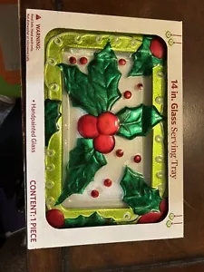 NEW Hand-Painted Glass Serving Tray Platter 14x9 Christmas Holly Leaves - Picture 1 of 1