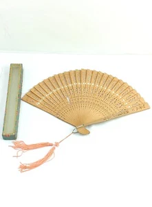 Vintage Chinese Carved Sandal Wood Ladies Fan With Original Box - Picture 1 of 17