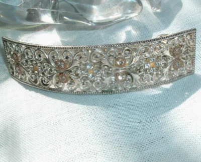 Art Nouveau Silver and White Rhinestone Floral 3.5" Hair Barrette - Image 1 of 3