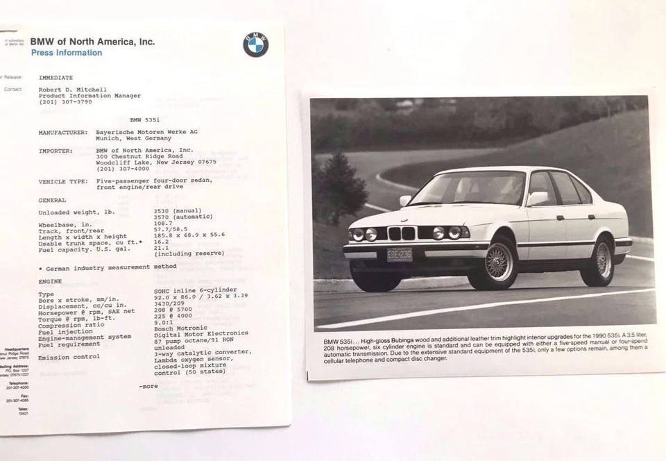 1990 BMW 535i Car Product Media Guide Brochure and print Foto 1 de 1