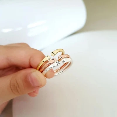 Personalized Silver Initial Ring Custom Letter Signet Adjustable & Stackable Q95 - Image 1 of 4