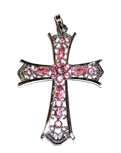 PENDANT/NECKLACE ST Lovely Pink Rhinestones & Filigree LARGE CROSS - Picture 1 of 1
