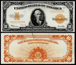 BANCONOTA 10 DOLLARI 1922 CERTIFICATO ORO ~ GRANDE S/N ~ ESTREMAMENTE FINE - Foto 1 di 1