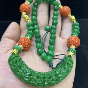 Collana perle portafortuna intagliate giada verde smeraldo unisex stile etnico gioielli - Foto 1 di 8