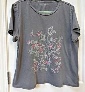 Lucky Brand Women T-Shirt Embroidery Gray XL Floral Boho Cottagecore Distressed - Picture 1 of 13