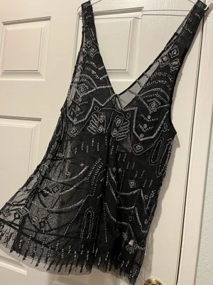 FREE PEOPLE SEXY PLUNGE V&MESH FABRIC&BEAD FLAPPER HIPPIE TOP/MINI DRESS NWT$148 - Image 1 of 4