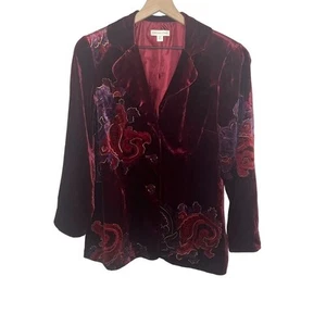 COLDWATER CREEK Women's 14 Petite Velvet Floral Paisley Blazer Wine Burgundy - Picture 1 of 16