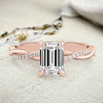 14k Rose Gold Ring Diamond Lab Grown Emerald 1.1 Carat IGI Certified Size 7.5 8 - Image 1 of 4