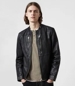 Allsaints Men’s Monix Leather Collarless Jacket Size M Black  - Picture 1 of 7