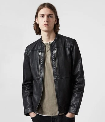 Allsaints Men’s Monix Leather Collarless Jacket Size M Black  - Image 1 of 4