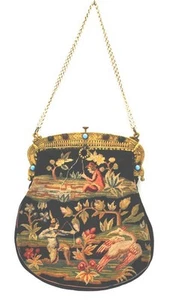 Antique Tapestry Fishing & Hunting Theme Jeweled Frame Handbag 10"X 8" w/Chain - Picture 1 of 14