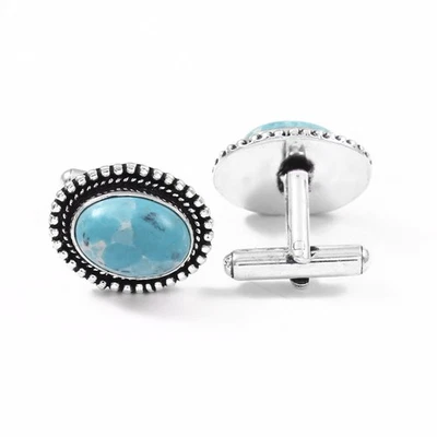 Gemelos hechos a mano de plata de ley 925 azules ovalados Larimar piedras preciosas Foto 1 de 3