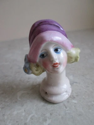 ART DECO PORCELAIN HALF DOLL - PURPLE HAT  - PIN CUSHION DOLL - Image 1 of 4