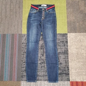 Cabi Button Fly Skinny Jeans Womens Size 0 Blue Denim Red Blue Waist New - Picture 1 of 15