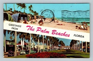 Palm Beach-FL Florida, Banner Greetings, 1950's Cars, Vintage Souvenir Postcard - Picture 1 of 2