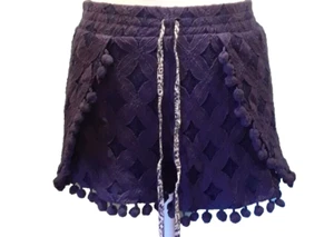 Xhilaration Navy Blue Floral Lace Lined Boho Shorts Ball Tassels Wrap Around - Picture 1 of 4