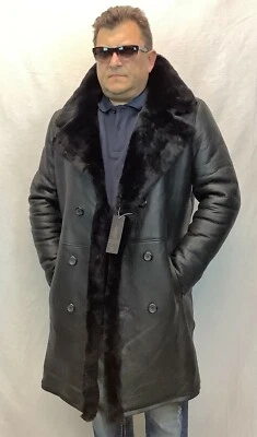 BLACK 100% REAL SHEEPSKIN SHEARLING LEATHER Long Trench Coat Jacket XS-8XL, NWT - Image 1 of 4