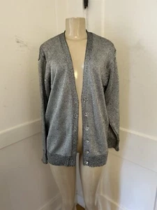 Vtg Leslie Fay Silver & Black Metallic Cardigan M Diamond Shape Buttons Deep V - Picture 1 of 6