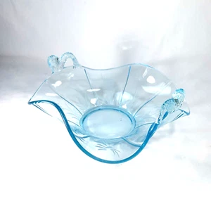 Vintage Fenton Aqua Blue Etched Glass Serving Bowl Koi Fish Dolphin Handles - Picture 1 of 13