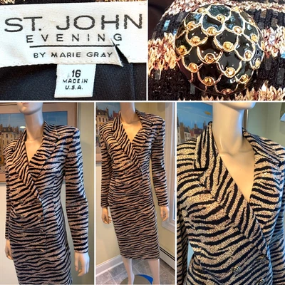 De Colección ST JOHN NIGHT 16/XL Negro Dorado Estampado Animal Lentejuelas Elastizado Tejido Falda Traje Foto 1 de 4