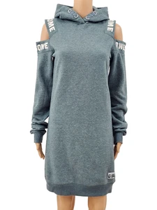 S Pulloverkleid Sweatkleid Kapuze grün schulterfrei sportlich Winterkleid - Bild 1 von 4