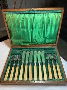 Antique Cutlery Set 12 Pc WB&S EP Silverplate Fish Forks And Knives/Cutlery+Case - Picture 1 of 12