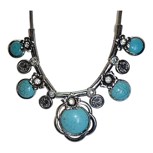 Chunky Silver Tone Faux Turquoise  & Rhinestone Bibs Statement Necklace 16"-19" - Picture 1 of 4