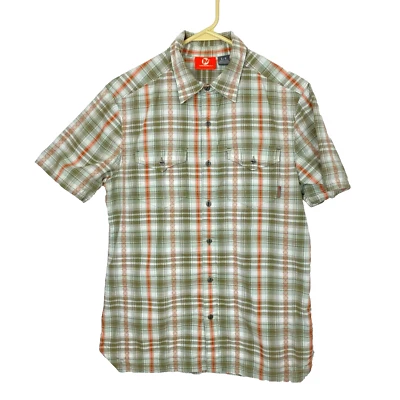 Merrell Men' Size S Green Orange White Plaid Stripes Short Sleeve Button Up  - Image 1 of 4