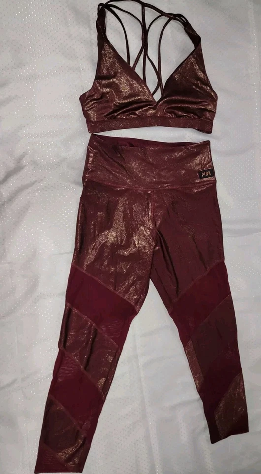 Victoria's Secret Pink Ultimate Workout Set Sz L Burgundy/Gold Shimmer - Image 1 of 4