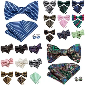 Striped Black Mens Bow Tie Set Hakerchief Cufflinks Wedding Prom Gift 3pcs Set - Picture 1 of 324
