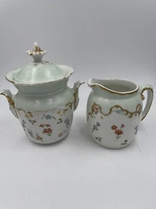 Limoges Porcelain Sugar /Creamer Antique Pale Green Hand Painted Florals France - Picture 1 of 3