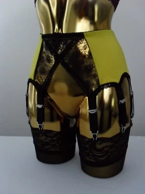 M 14 Bracelet Jaune Lycra Noir Croisé Dentelle Créateur Sexy Porte-Jarretelles - Photo 1/4