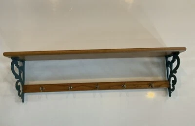 vtg Wooden wall Hanging Shelf w/ hooks Green tone scrolled plate groove display - Image 1 of 4