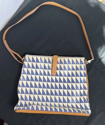 Stella and Dot Crosby Hobo Geo Tile Blue White Tote Bag Shoulder Crossbody Purse - Image 1 of 4