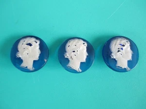 3 VINTAGE ANTIQUE CAMEO LADY BLUE GLASS BUTTONS - Picture 1 of 6