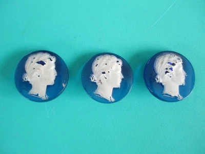 3 VINTAGE ANTIQUE CAMEO LADY BLUE GLASS BUTTONS - Image 1 of 4